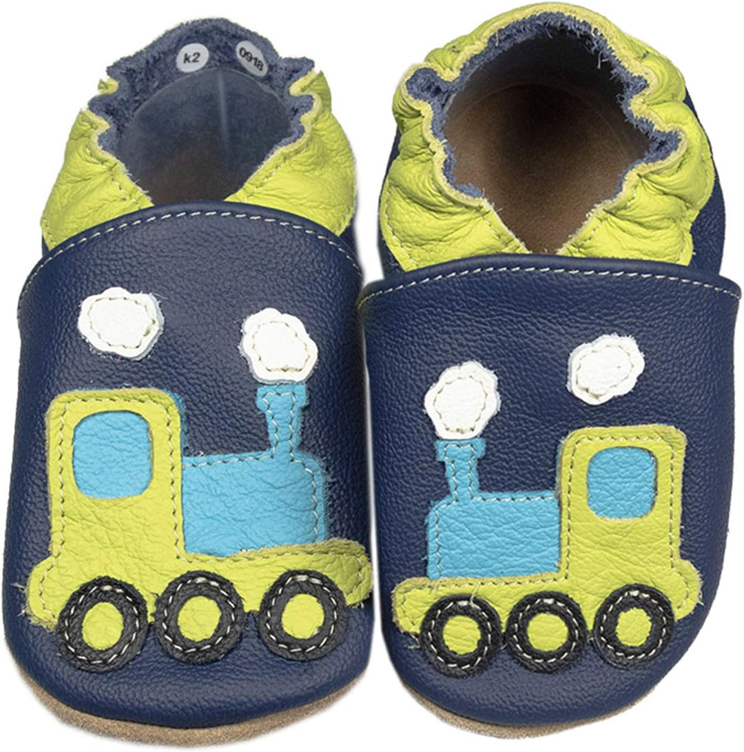 HOBEA-Germany Baby Krabbelschuhe Jungen, Kinderhausschuhe Jungen, Lederschuhe 16/17 EU Eisenbahn, 16