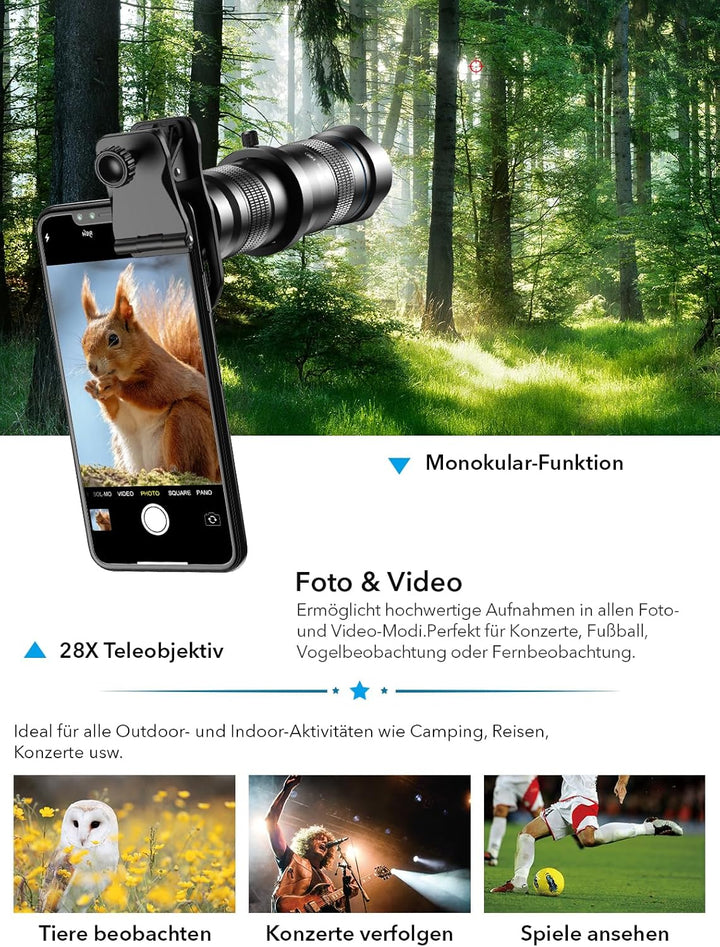 Apexel Teleobjektiv für Smartphone,leistungsstarkes 28-faches HD-Telefon-Teleobjektiv Kameraobjektiv