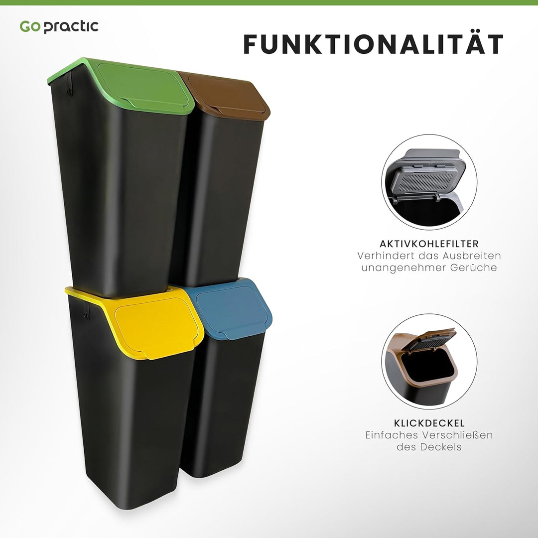 Go Practic 4-er Mülleimer-Set Küche Mülltrennsystem 4x Mülleimer 35l mit Deckel Stapelbar CLICK-Funk
