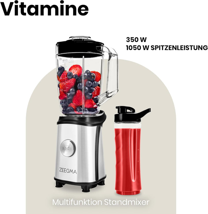 ZEEGMA Vitamine Multifunktion 4-in-1 Standmixer 1050W mit 1L Krug, Elektrischer Juicer Blender, Smoo