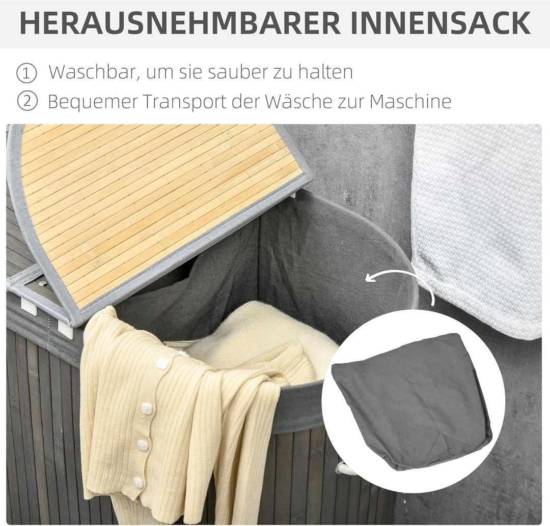 HOMCOM Bambus Wäschekorb mit Deckel 100L Wäschesammler mit Griffen, 2 herausnehmbarer Wäschesack, Wä