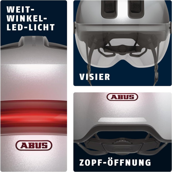ABUS Stadthelm HUD-Y ACE - stylischer Fahrradhelm mit Visier und magnetischem, aufladbarem LED-Rückl