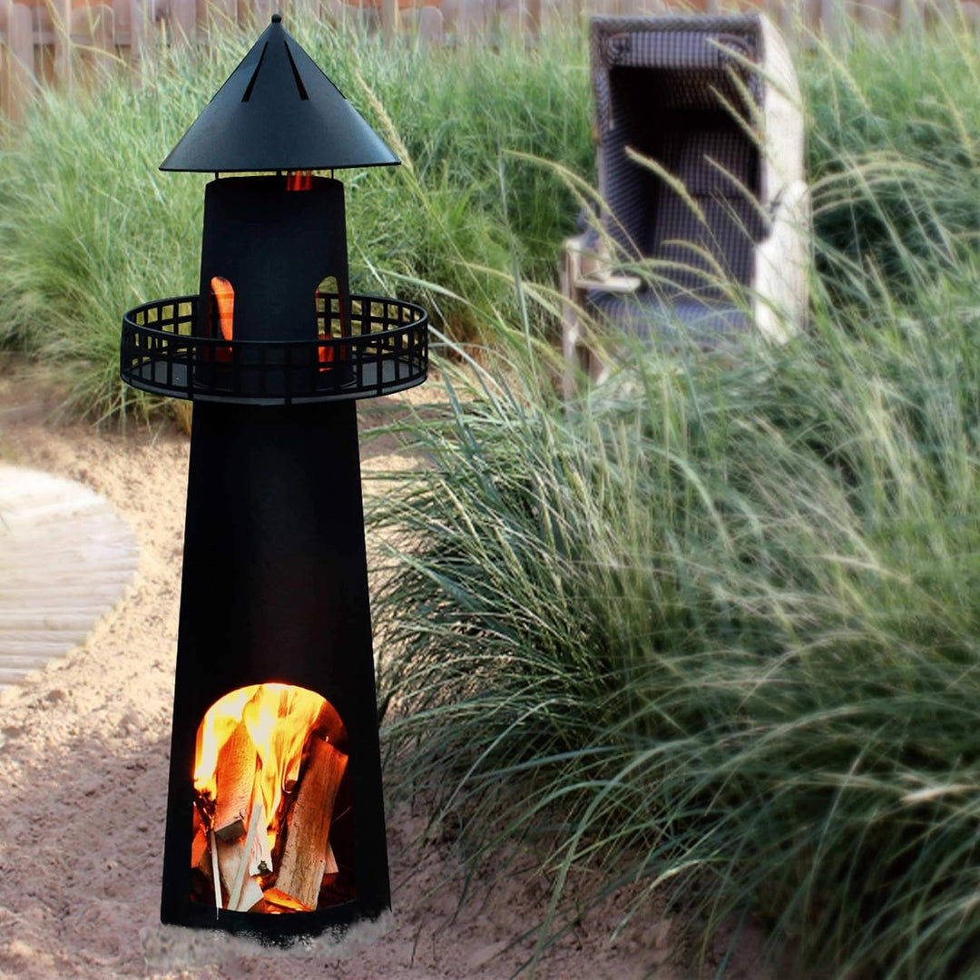 UNUS Gartenkamin Leuchtturm aus Metall als Feuerschale für den Garten schwarz 131 cm