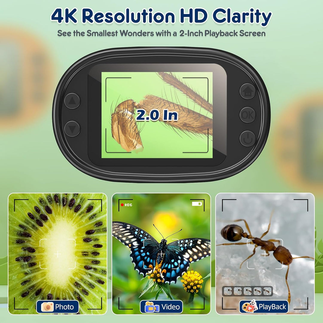Handmikroskop für Kinder, 4 K, 5,1 cm (2 Zoll) Display, wiederaufladbar, Mini-Taschen-Mikroskope mit