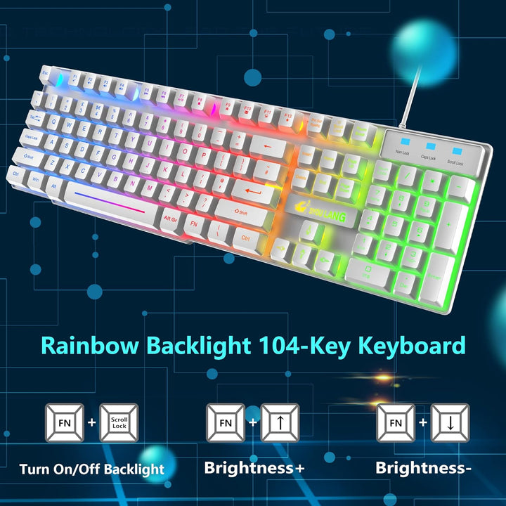 Gaming Tastatur Headset & Maus Set, 104 Tasten Rainbow Backlit UK Layout Tastatur 2400DPI Maus 7.1 S