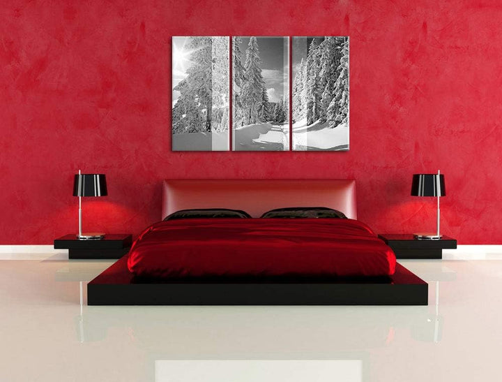ruhige Winterlandschaft mit verschneiten Bäumen schwarz/weiss 3-Teiler Leinwandbild 120x80 Bild auf