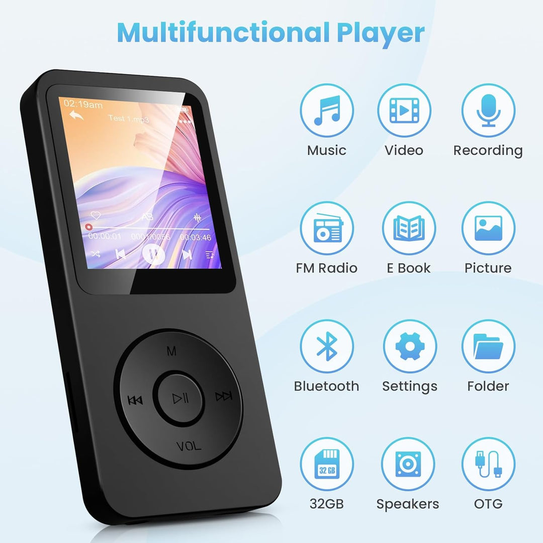 32GB MP3 Player Bluetooth 5.3 mit 1.8" TFT Farbbildschirm mit Kopfhörer, HiFi Musik Kinder MP3 Playe