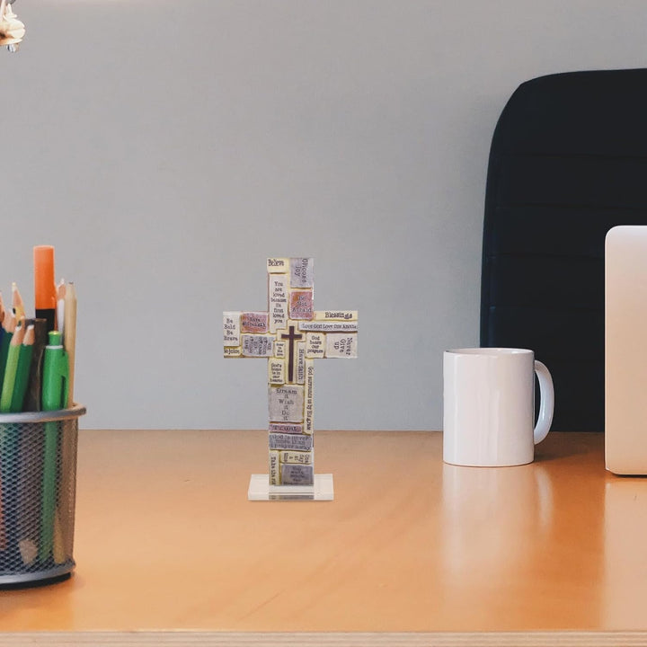 HOMSFOU Acryl Kreuz Figur Tischdeko Kruzifix Stehend Kinderkreuz Stehkreuz Tischkreuz Standkreuz Mot