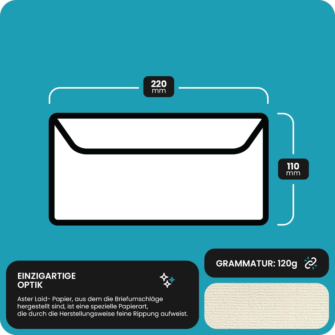 Netuno 100 Weiss DL Briefumschläge geripptes Papier 11 x 22 cm 120g Aster Laid White elegante DIN La