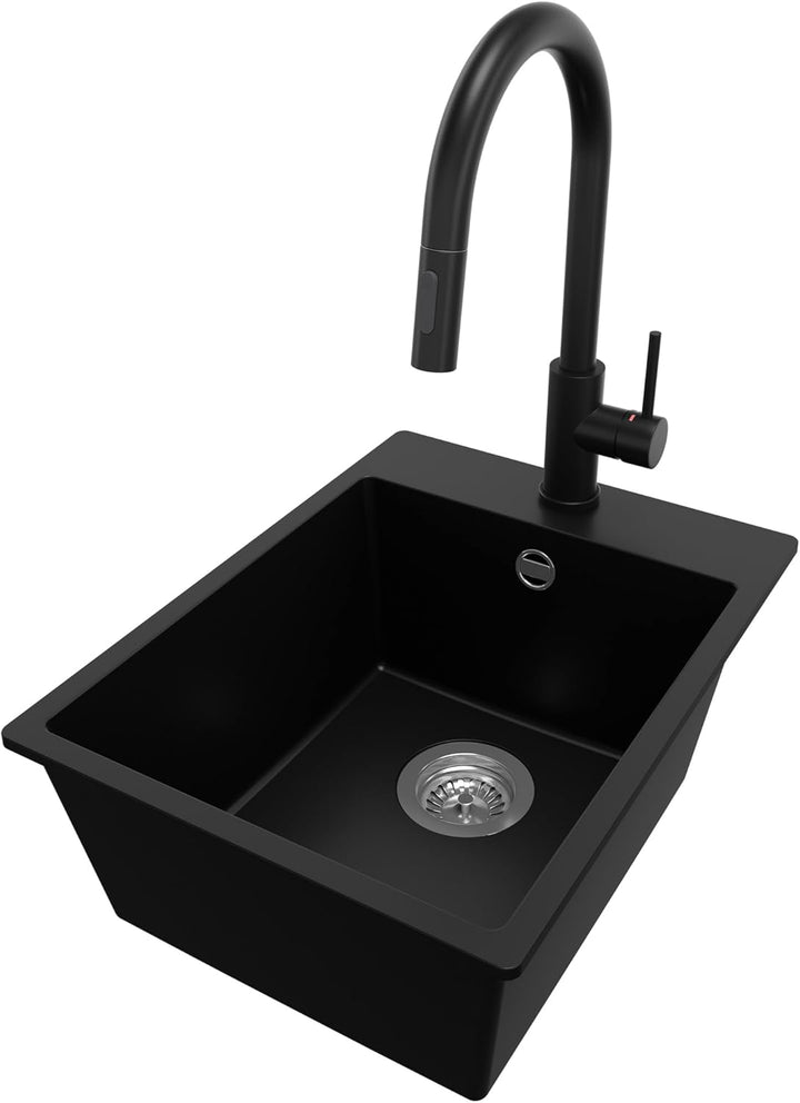 PRIMAGRAN Spülbecken Schwarz 38x50cm, Spülbecken 1 Becken + Küchenarmatur 40x20cm + Ablauf-Set, Küch