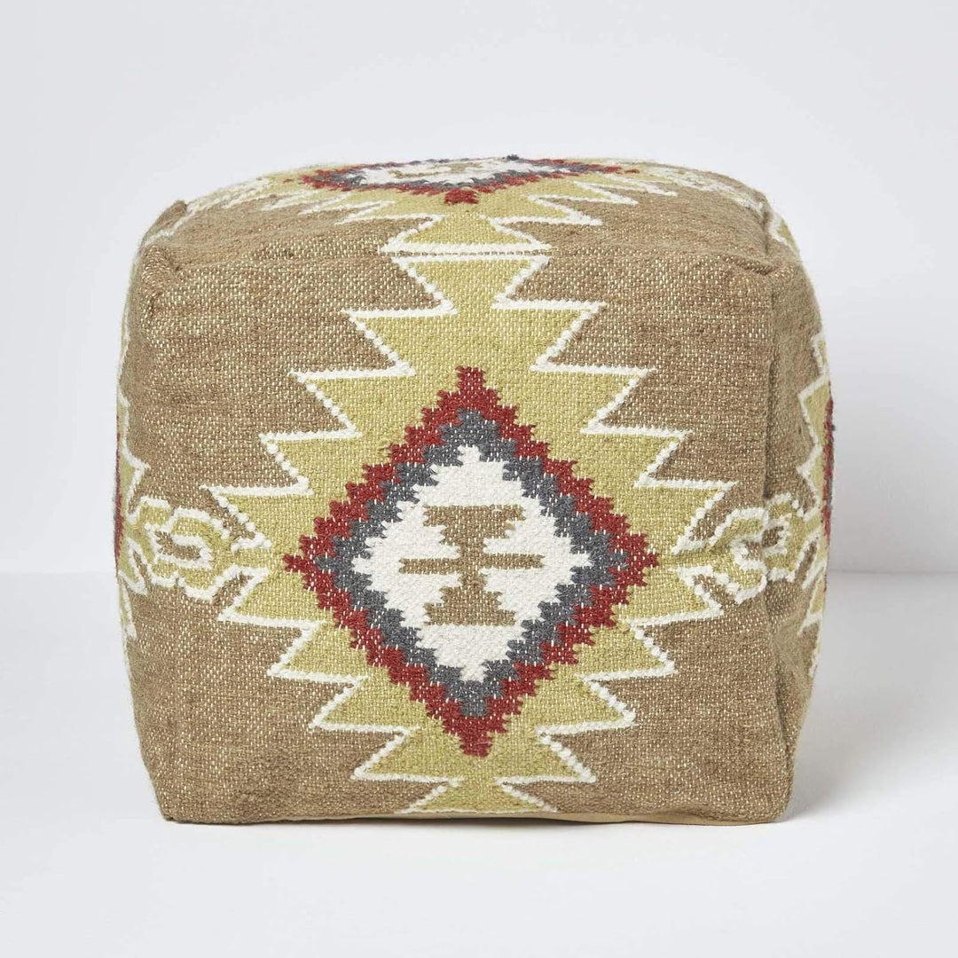 Homescapes Pouf im Boho-Look, braun und orange gemusterter Kelim-Fusshocker Jaipur, buntes Bodenkiss