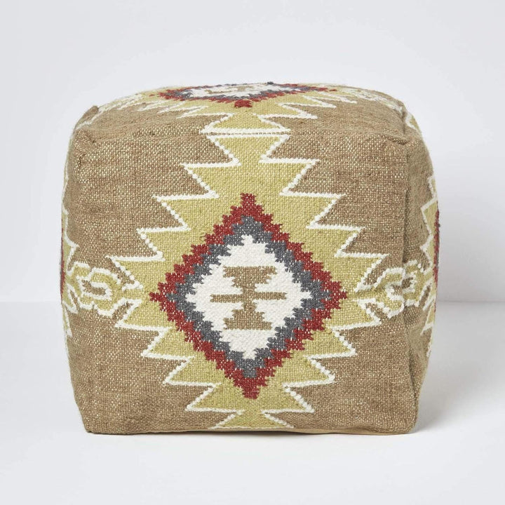Homescapes Pouf im Boho-Look, braun und orange gemusterter Kelim-Fusshocker Jaipur, buntes Bodenkiss
