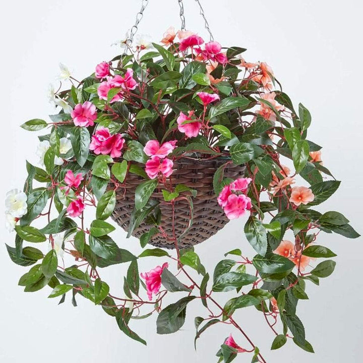 Homescapes Hängende Künstliche Blume Fleissige Lieschen im Korb, Grosse Künstliche Hängepflanze mit