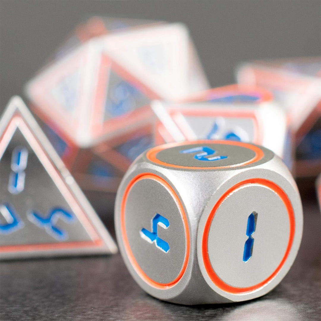 shibby 7 polyedrische Metall-Würfel für Rollen- und Tabletopspiele in Digital Optik D1 inkl. Aufbewa