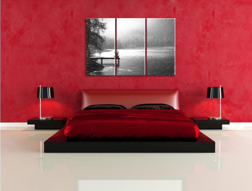 Pixxprint Yoga am See Kunst / 3-Teilig/Gesamtmass 120cm Leinwandbild bespannt auf Holzrahmen/Wandbil