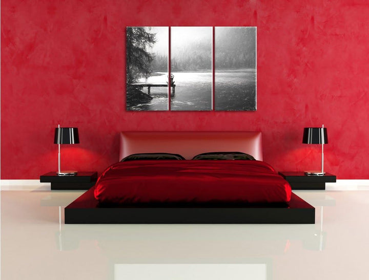 Pixxprint Yoga am See Kunst / 3-Teilig/Gesamtmass 120cm Leinwandbild bespannt auf Holzrahmen/Wandbil