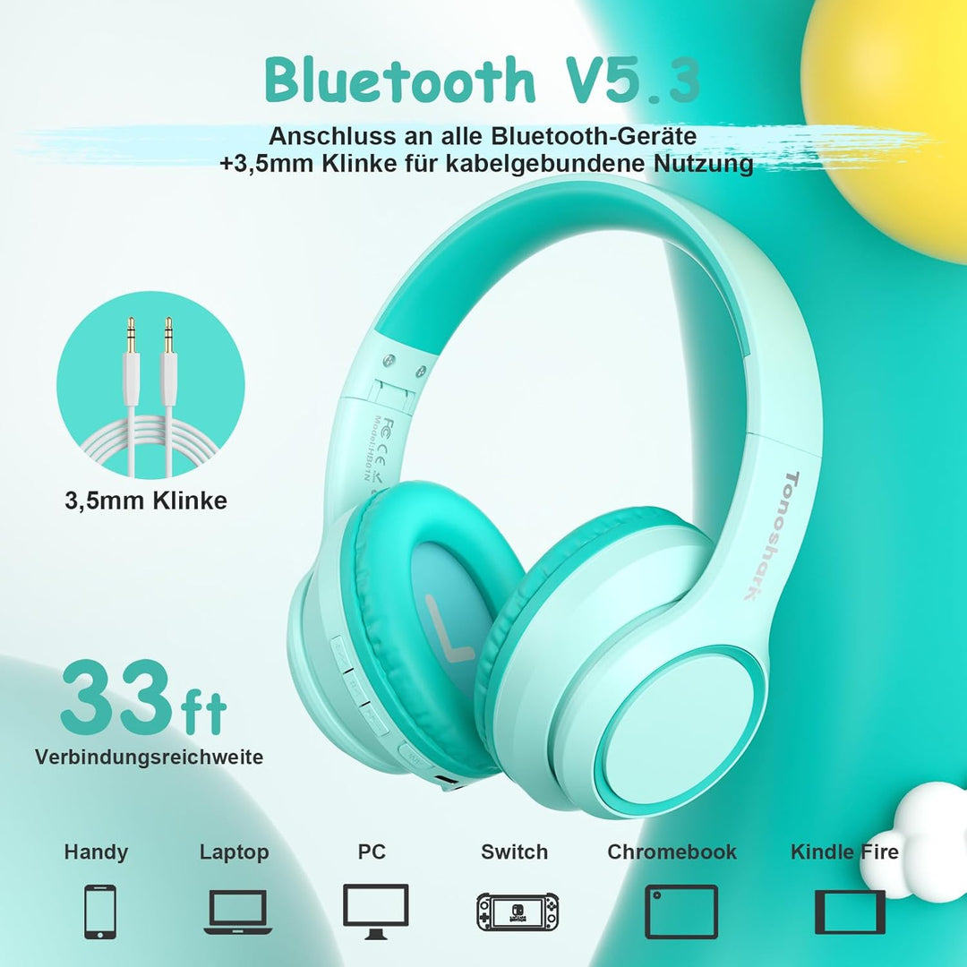 TONOSHARK Aktive Noise-Cancelling Kopfhörer Kinder, 60 Std Spielzeit. Kopfhörer Kabellos Bluetooth K