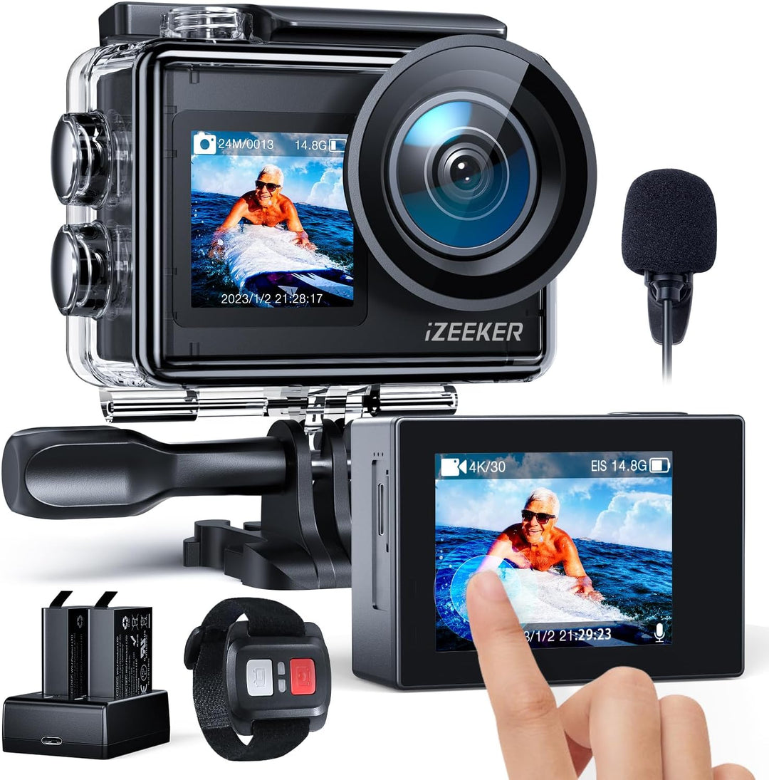iZEEKER Action Cam 4K 24MP, Unterwasserkamera 40M Wasserdicht mit EIS,Dual-Screen-Kamera, Touchscree
