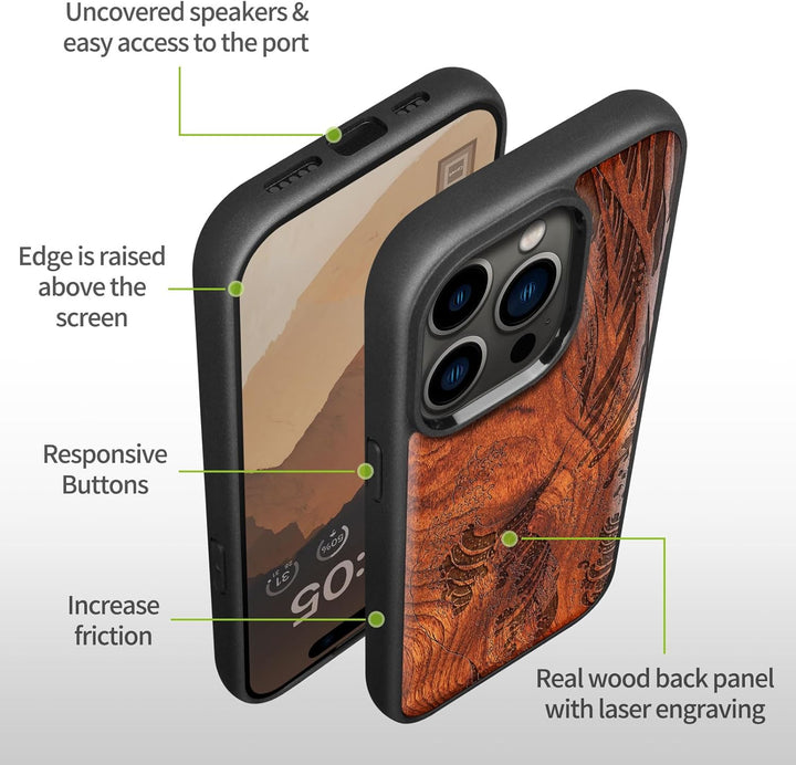 Carveit Handyhülle für iPhone 15 Pro Cover Kompatibel mit Magsafe [Holz und TPU Silikon Hybrid hülle