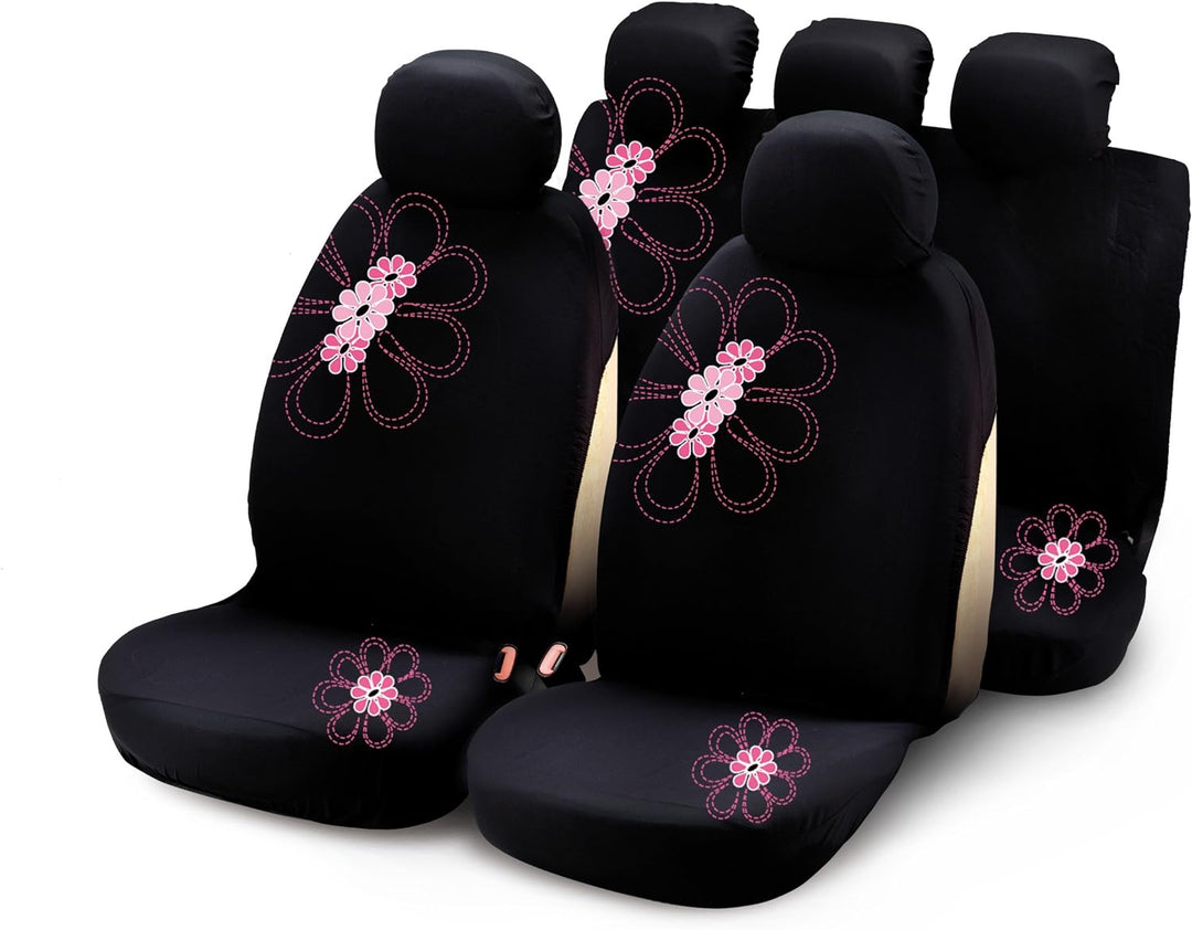 Bottari 29016 Sitzbezüge My Spring Flower mit Pinken Blumen, 9 Teile, Schwarz