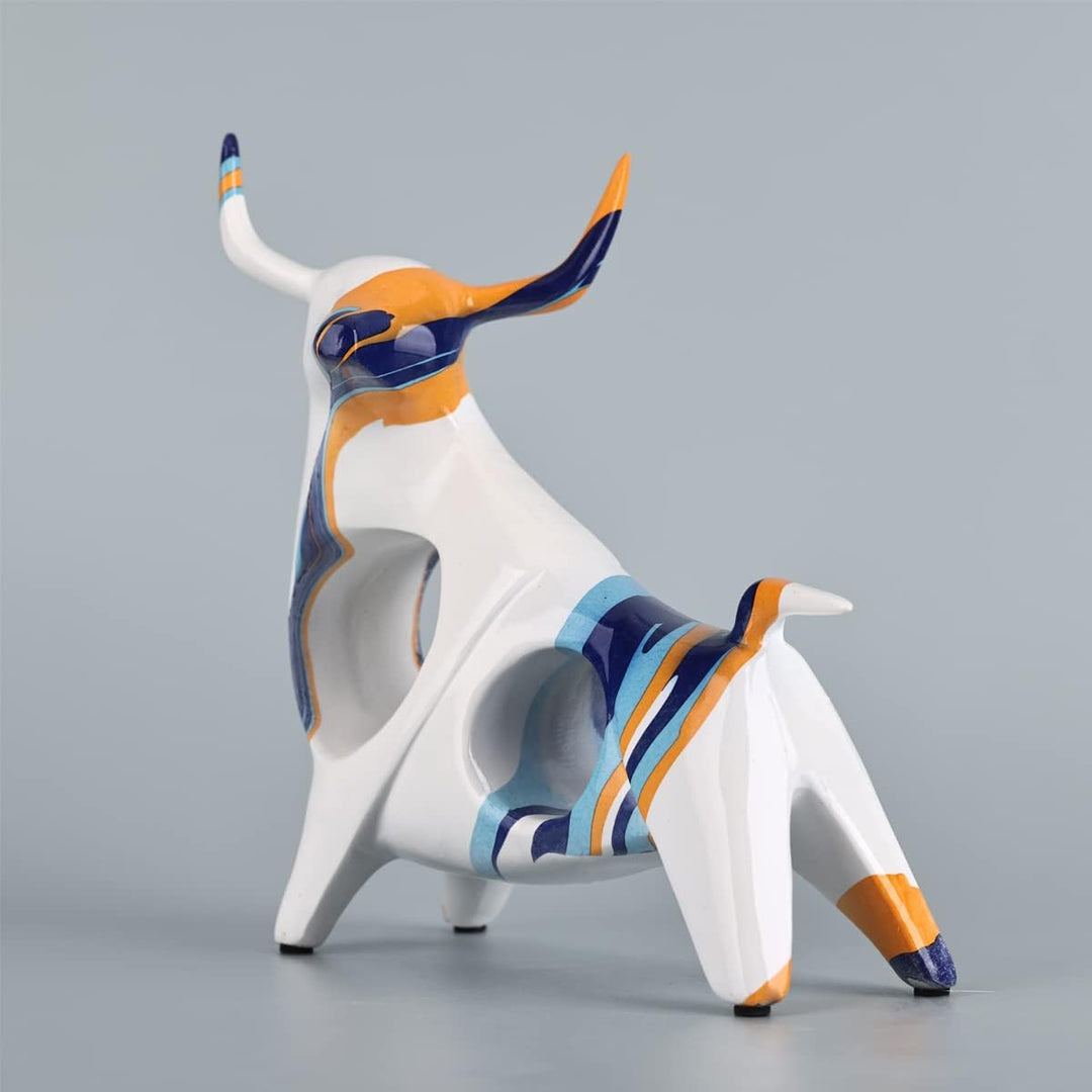 Stierstatue aus Kunstharz in Blau-Orange, minimalistische, vollfarbige Stierfigur, Originalität, abs