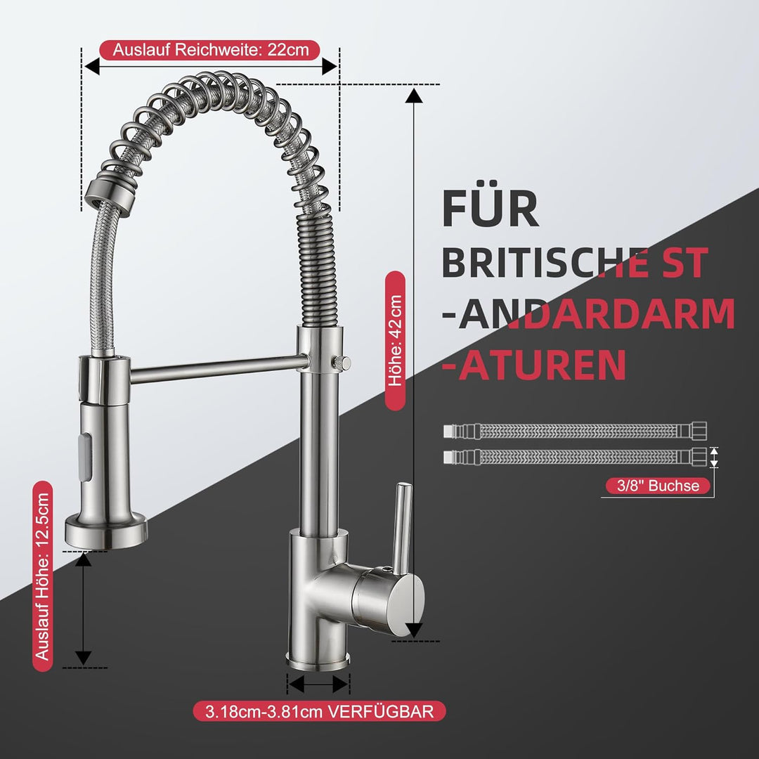 Cobbe Küchenarmatur, Feder-Küchenarmatur mit herunterziehbarem Sprühkopf, 2 Sprühmodi, Einhebel-Spül