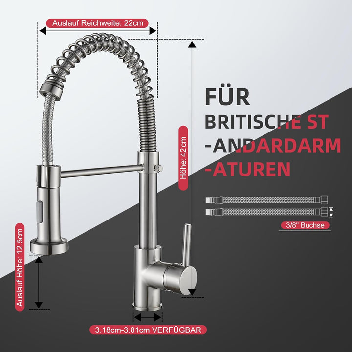 Cobbe Küchenarmatur, Feder-Küchenarmatur mit herunterziehbarem Sprühkopf, 2 Sprühmodi, Einhebel-Spül
