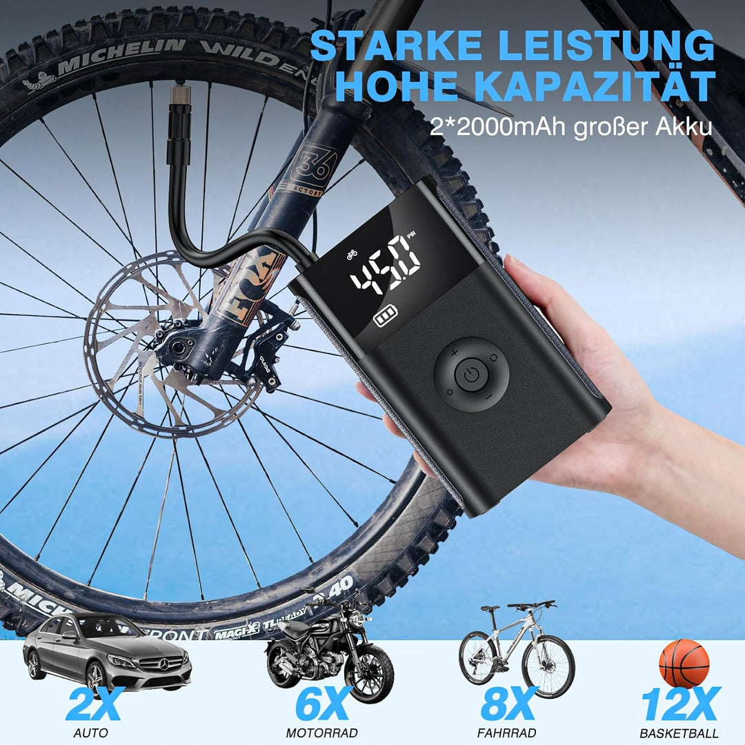 CARSUN Elektrische Luftpumpe,150PSI Fahrradpumpe Elektrisch,Tragbare Akku Luftpumpe,Akku Kompressor
