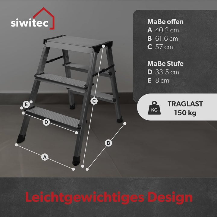 siwitec Trittleiter 2 x 3 Stufen, Alu Klapptritt, leichte Aluminium Leiter beidseitig begehbar, Haus