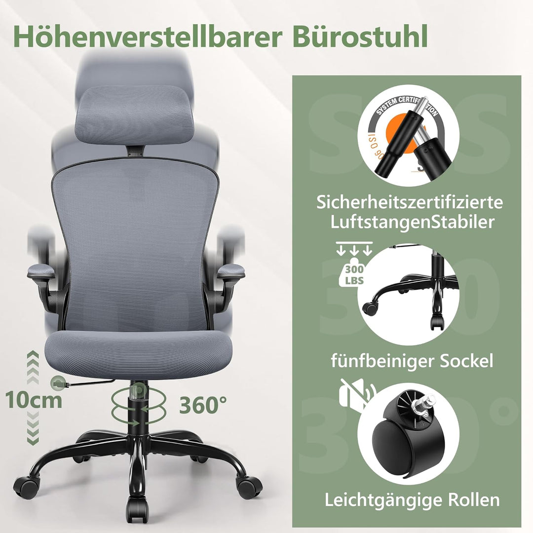 FelixKing Ergonomischer Bürostuhl, Computerstuhl, verstellbare Lendenwirbelstütze, 3D-Kopfstütze und