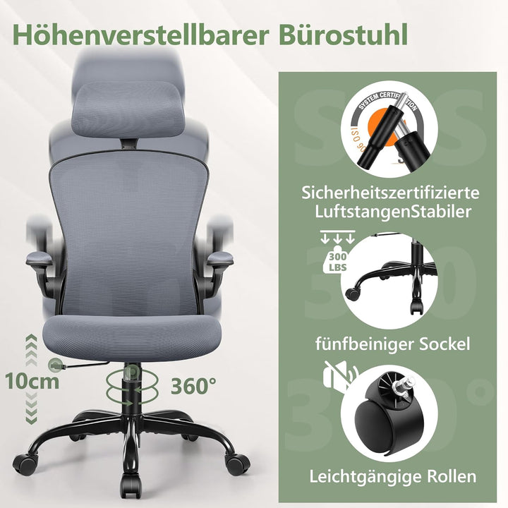 FelixKing Ergonomischer Bürostuhl, Computerstuhl, verstellbare Lendenwirbelstütze, 3D-Kopfstütze und