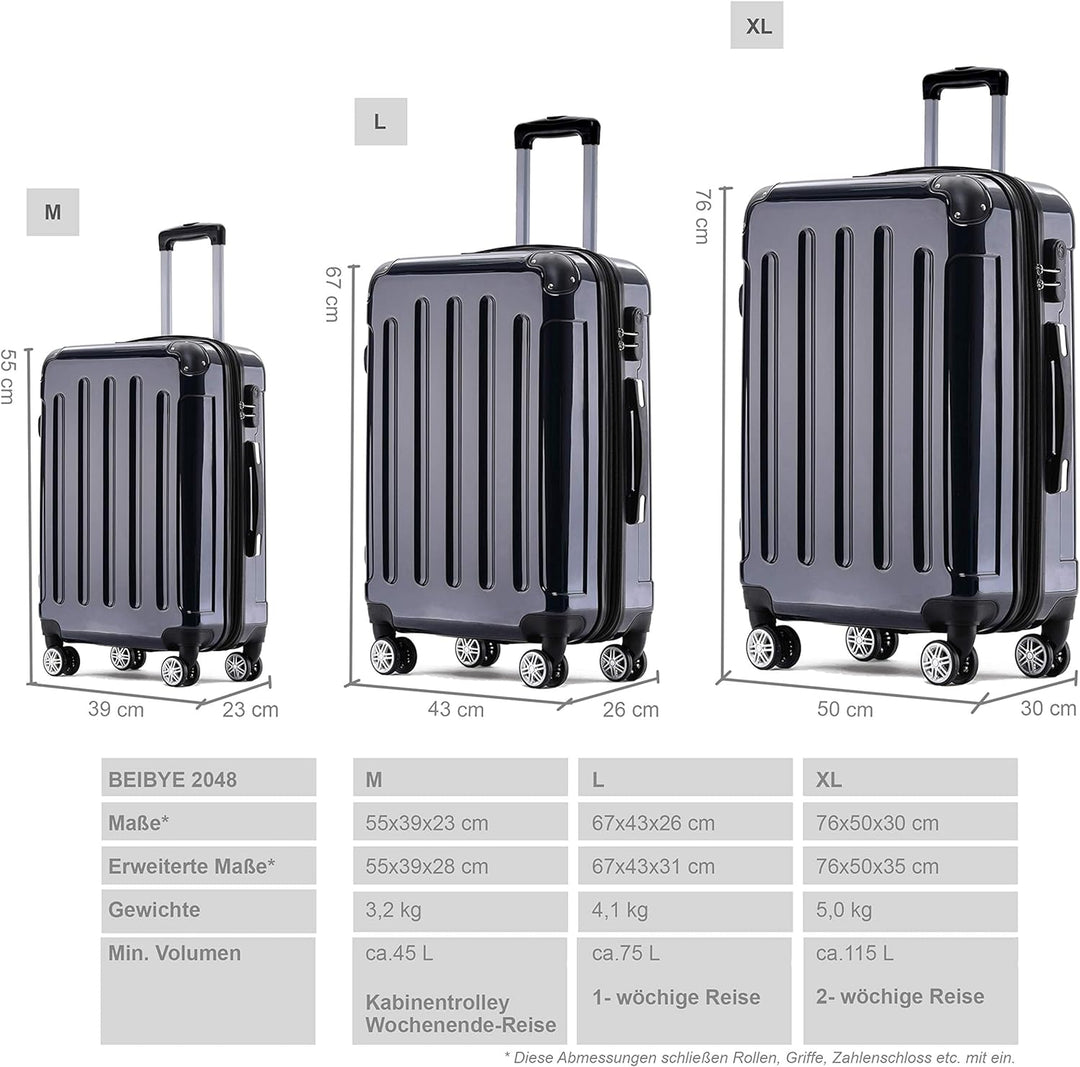 BEIBYE Zwillingsrollen 2048 Hartschale Trolley Koffer Reisekoffer in M-L-XL-Set in 15 Farben (Dunkel