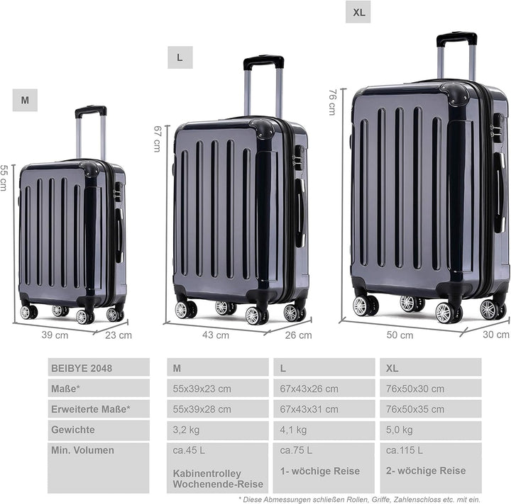 BEIBYE Zwillingsrollen 2048 Hartschale Trolley Koffer Reisekoffer in M-L-XL-Set in 15 Farben (Dunkel