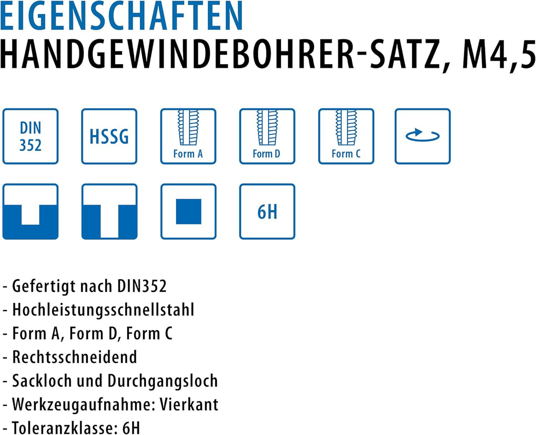 PROFI Gewindebohrer M4,5 Satz HSSG 3 teilig, Gewindeschneider | Vor-, Mittel- und Fertigschneider |