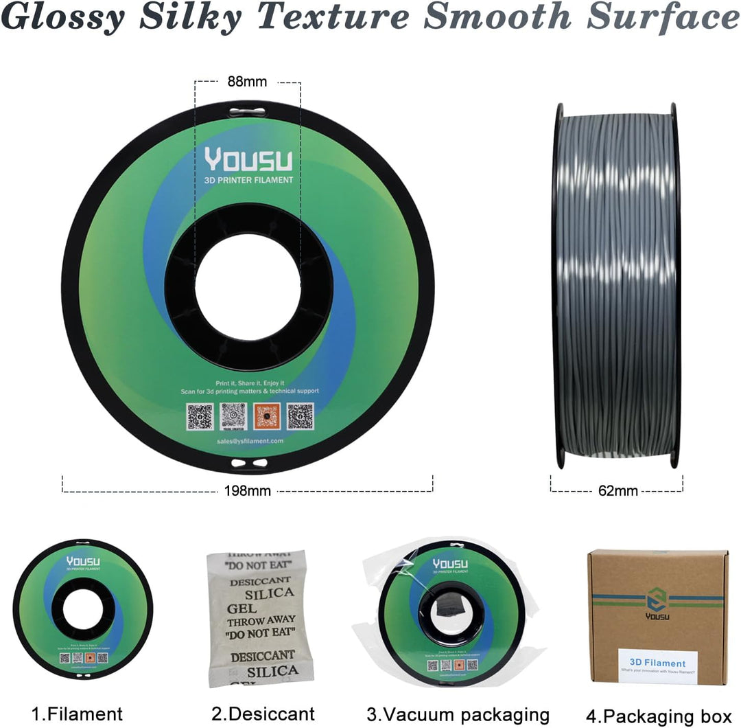 YOUSU Grey Silk TPU-Filament, 1,75 mm, flexibles 95 A TPU 3D-Drucker-Filament, 1-kg-Spule, Massgenau