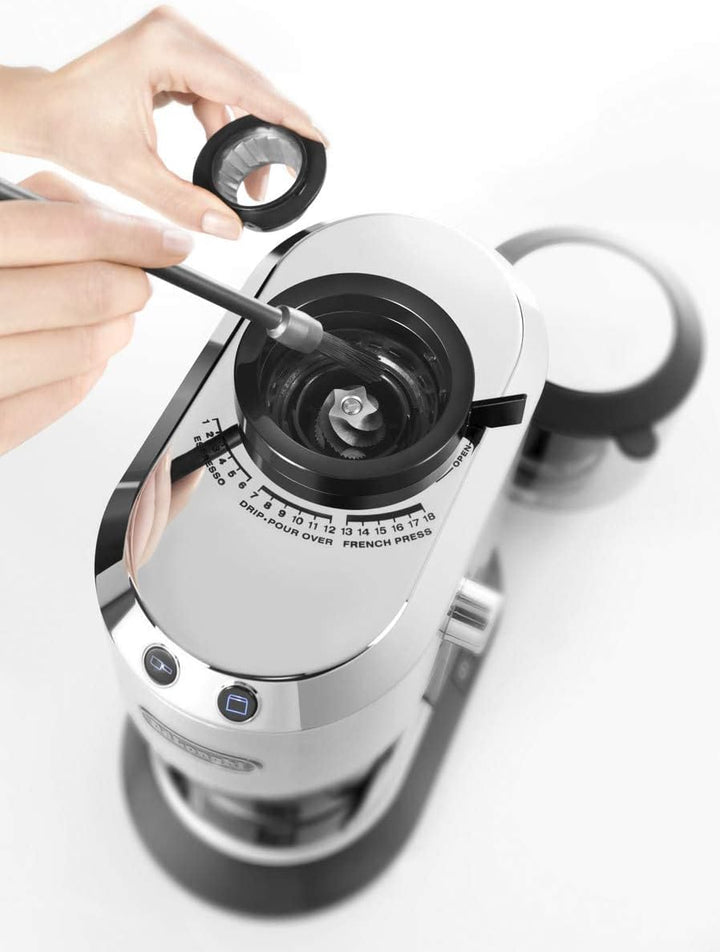 De'Longhi Dedica KG 520.M Elektrische Kaffeemühle, Vollmetallgehäuse, Edelstahl Kegelmahlwerk, einst