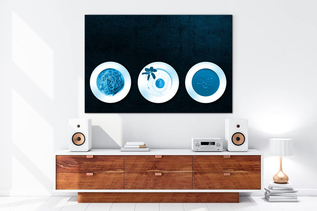 deyoli Teller mit Mahlzeiten Format 80x60 Effekt: Monocrome Blau als Leinwandbild, Motiv fertig gera