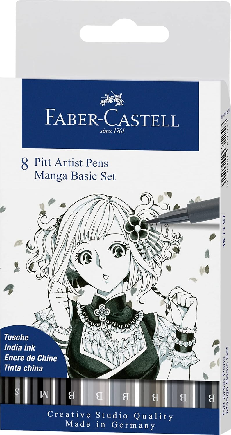 FABER-CASTELL 167107 - Tuschestifte Pitt Artist Pen Brush Manga Basic Set, 8-teilig, permanent Manga