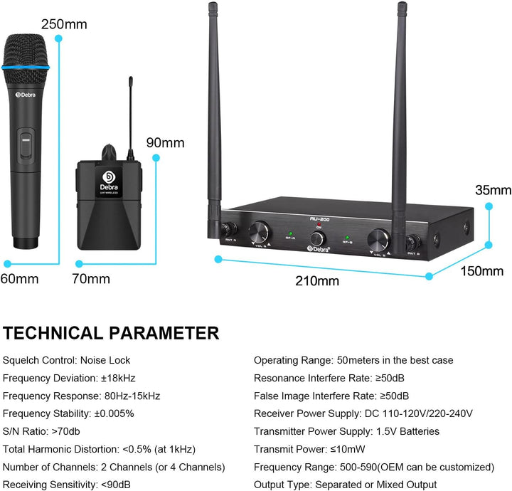 D Debra Audio AU200 Pro UHF 2-Kanal-Drahtlos-Mikrofonsystem mit schnurlosen Lavalier-Headset-Mikrofo