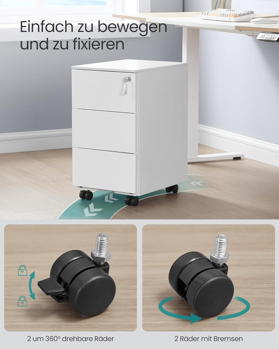 SONGMICS Schubladenschrank, Rollcontainer, mobiler Aktenschrank, Metallschrank, Druckertisch, abschl