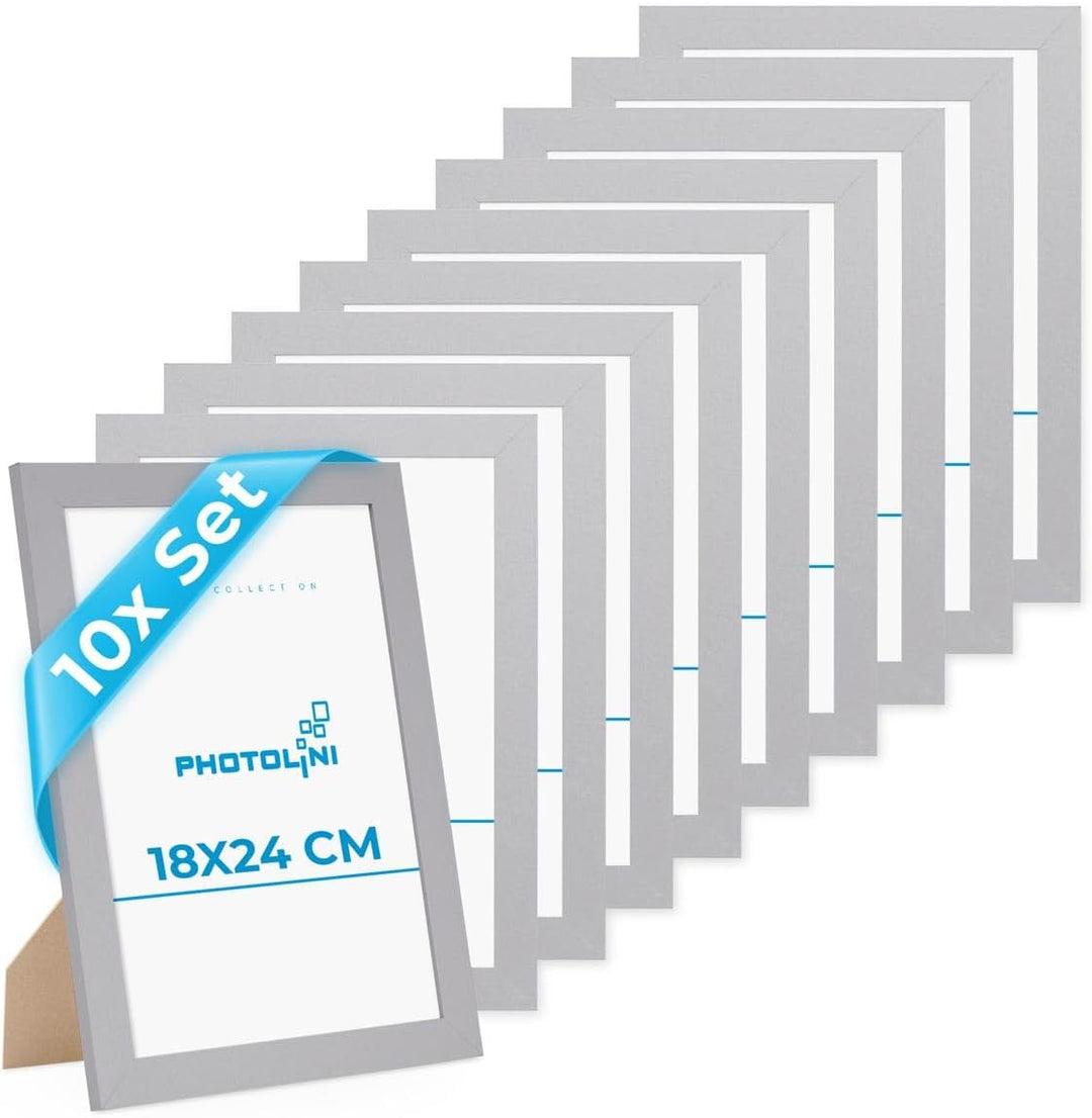 PHOTOLINI 10er Bilderrahmen-Set 18x24 cm Basic Collection Modern Silber aus MDF inklusive Zubehör/Bi