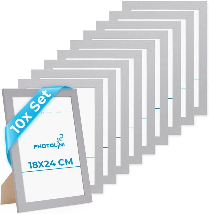 PHOTOLINI 10er Bilderrahmen-Set 18x24 cm Basic Collection Modern Silber aus MDF inklusive Zubehör/Bi