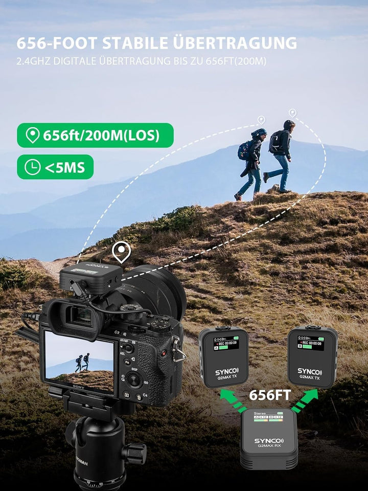 SYNCO Wireless Lavalier Mikrofon, G2(A2) MAX 2.4G Dual Transmitter 24 Stunden Aufnahme 492FT für Vlo