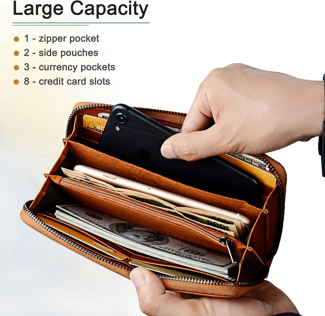 VISOUL Premium Brieftasche Echtleder/Italienisches Leder mit RFID-Schutz, XXL Geldbörse Braun L02, B