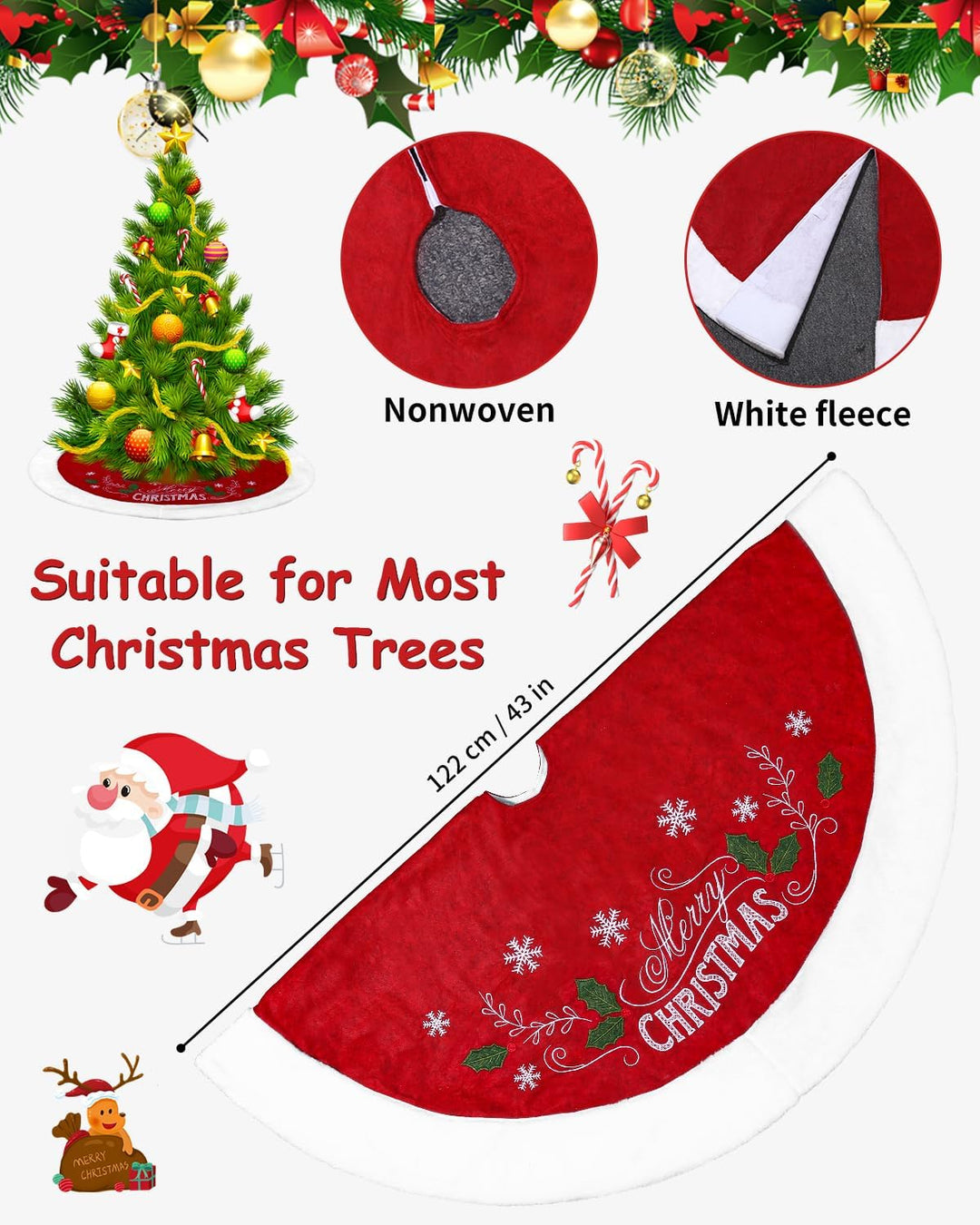 SOBEAU Weihnachtsbaum Rock,122CM Weihnachtsbaum Decke Runde mit Schneeflocken-Muster und Frohe Weihn