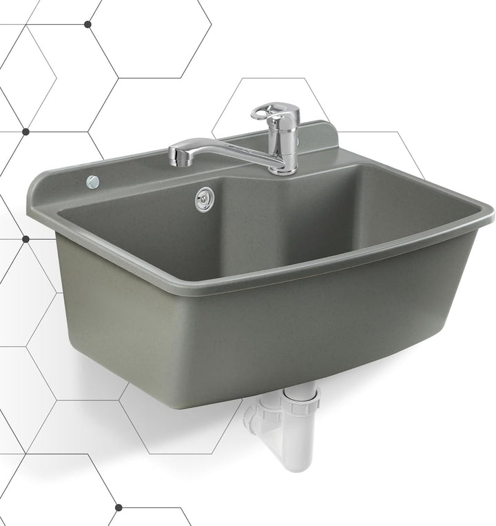 GOSPO Ausgussbecken mit stehende Armatur, Waschbecken 61 cm x 44 cm x 23,5 cm, Waschtrog mit Überlau