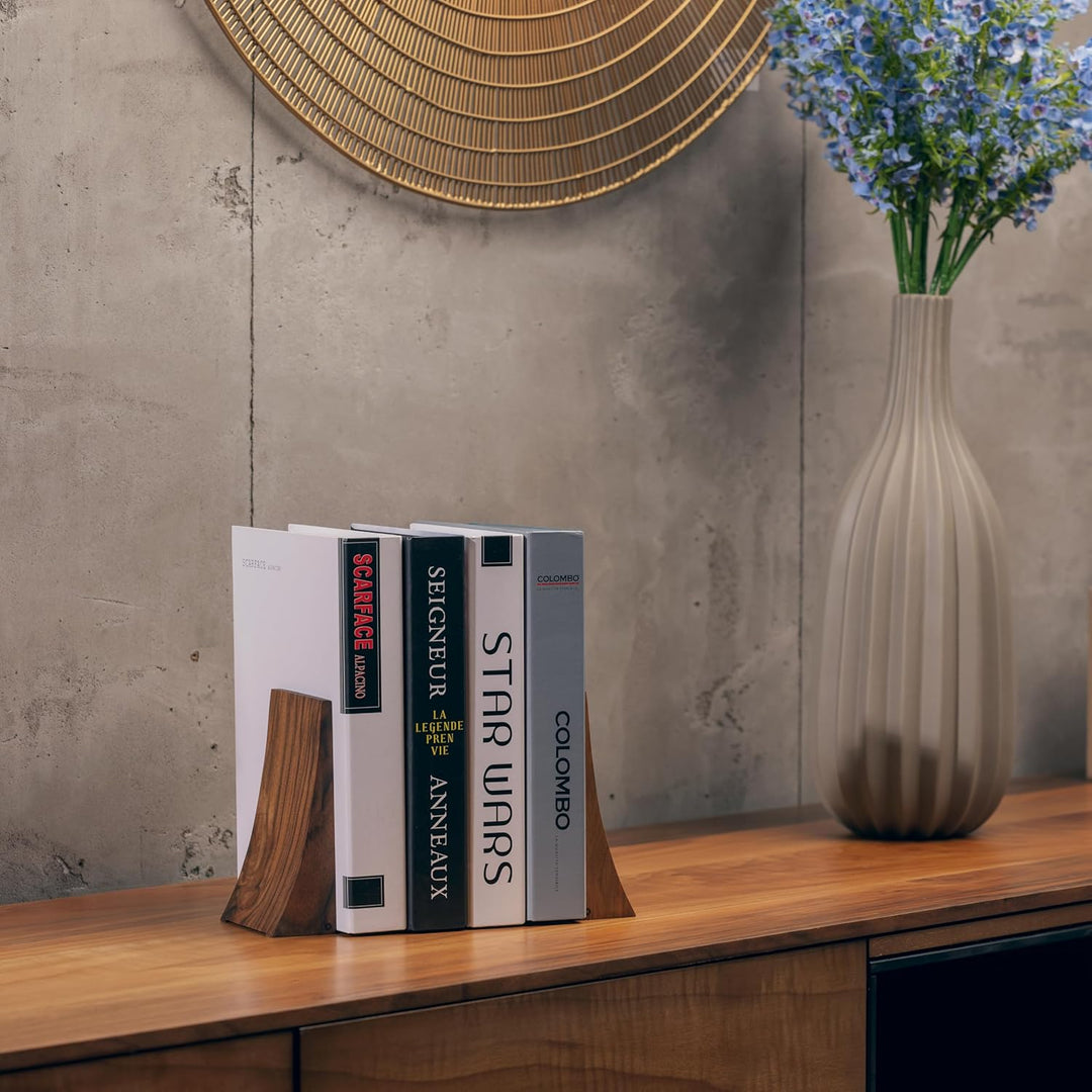 TILISMA Buchstützen, Walnussholz mit Metallsockel, 2 handgefertigte Buchhalter für schwere Bücher, d