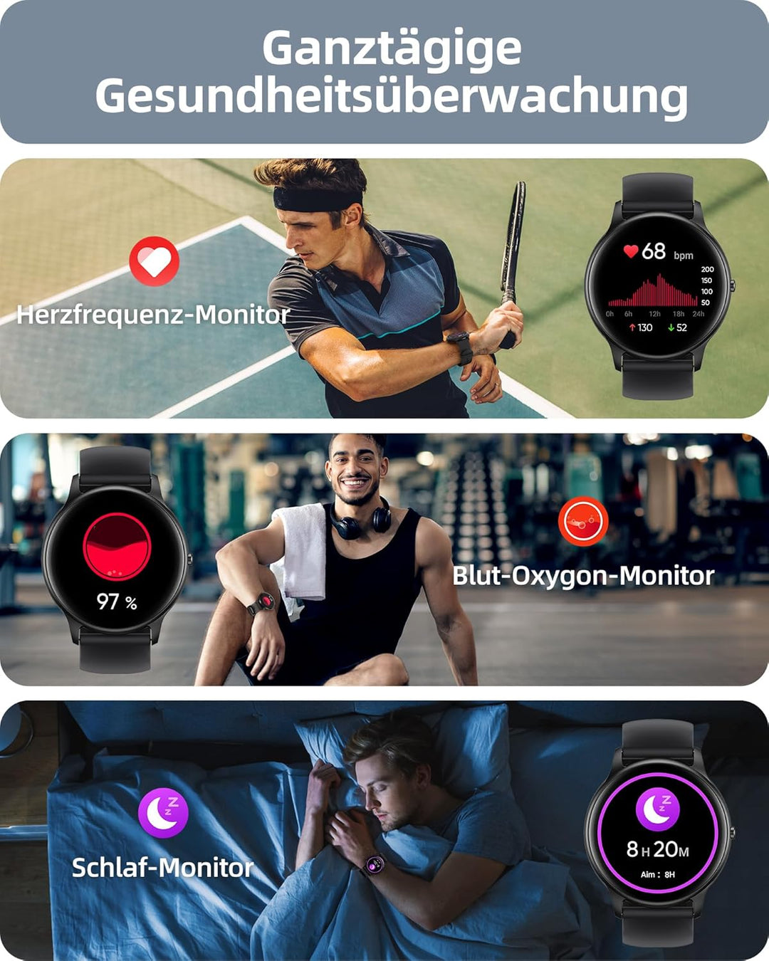 Parsonver Smartwatch Herren mit Telefonfunktion, Fitness-Tracker mit Herzfrequenz Schlafmonitor, 1.3
