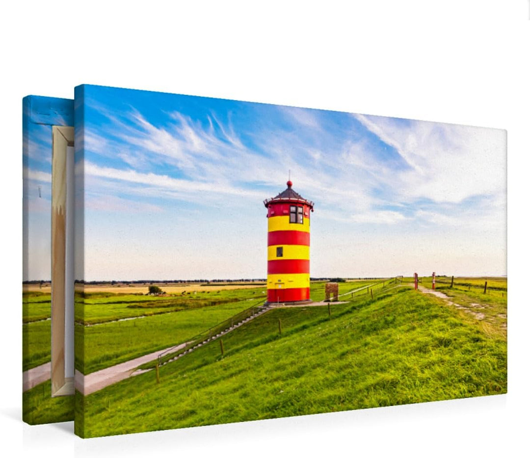 Premium Textil-Leinwand 75 x 50 cm Quer-Format Rot-gelb gestreifter Leuchtturm | Wandbild, HD-Bild a