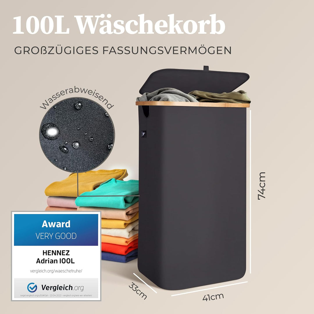 HENNEZ 100L Wäschekorb mit Deckel Grau - herausnehmbaren Wäschesack Wäschesammler schmal mit Deckel